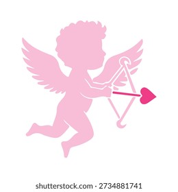 Pink cupid silhouette aiming bow and arrow with heart