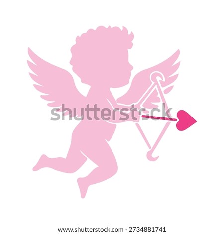 Pink cupid silhouette aiming bow and arrow with heart