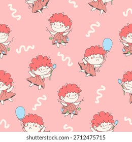 Pink Cupid Smiling with Valentine’s Cheer Handdrawn Seamless Pattern isolated background