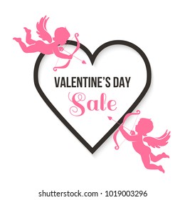 Pink Cupids with arrow and bow, black heart shape frame with text Sale Valentines Day. Seasonal sale label.
