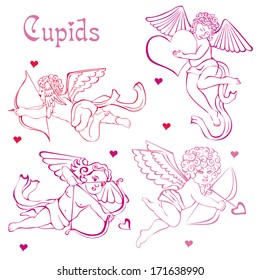 Pink Cupids and hearts. Silhouettes of angels.