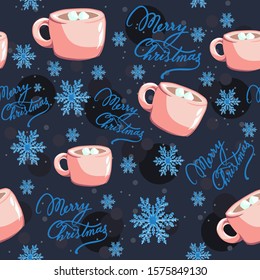 Pink cups with hot chocolate, snowflakes and Merry Christmas text seamless pattern for winter holidays. Repetitive background with mugs and cold weather