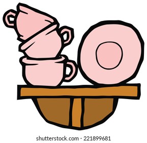 Pink cups and plates on a shelf vector drawing. Set of kitchen items