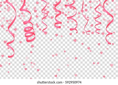 Pink Curling Stream on a transparent background. Confetti of hearts. Realistic serpentine for design. Vector Illustration