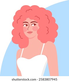 pink curly hair girl illustration, female model in strappy dress, vector illustration