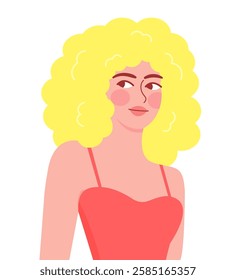 pink curly hair girl illustration, female model in strappy dress, vector illustration