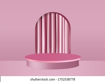 Pink curtain with 3d rendering podium and  minimal background  for showing products