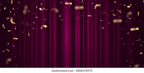 Pink curtain background. Golden confetti banner and ribbon on white background. Celebration grand openning party happy concept. Vector illustration
