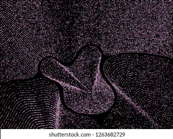 Pink curve lines of multiple square confetti on black. Luxury vector background with shiny stardust glitters. Holiday confetti dust curved lines. Brilliant glitter flow pattern, glowing lights print.