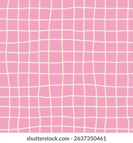 Pink Curvy Grid Seamless Pattern. Minimalist hand drawn Checkered background with rough lines. Sketch handmade texture. Sweet and delicate repeat vector illustration