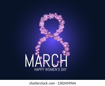 Pink Cut Flower. 8 March. Women's Day Greeting card. Origami Floral bouquet. Circle frame. Space for text on purple background. Happy Mother's Day. Vector Spring illustration.