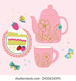 pink cute adorable spring afternoon tea set with strawberry cake hand drawn element vector illustration for invitation greeting birthday party celebration wedding card poster banner background