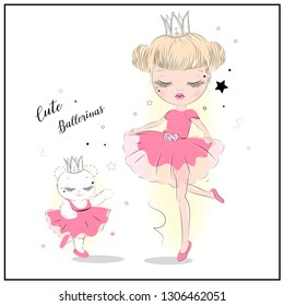 Pink Cute Baby beautiful Princess Balerina Girl and Ballerina Bear , lovely, little ballerina girls with black. Vector Flowers illustration 