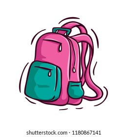 pink cute backpack with doodle style on white background