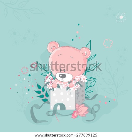 Pink cute bear in a gift box.