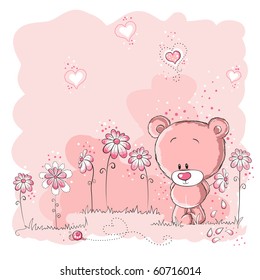 Pink cute bear holding a flower