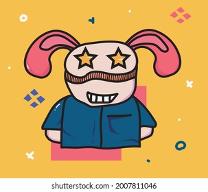 Pink cute bunny character.  Wear a short sleeve collared shirt.  Star-shaped eyes, very bright.