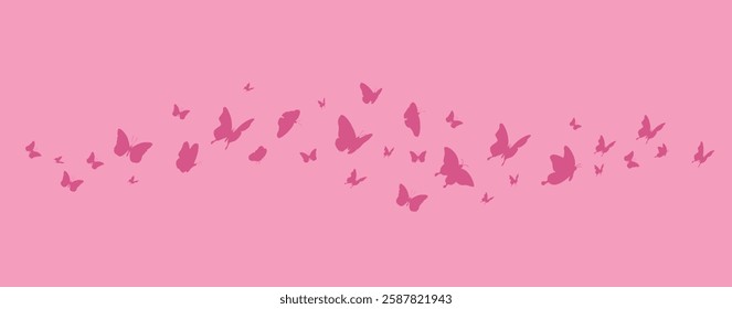 Pink cute Butterflies silhouette flying on pink background decor. Vector illustration isolated.