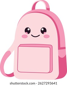 A pink cute cartoon backpack with a happy face. Perfect for school-themed designs, children’s illustrations, or vector accessories pack.