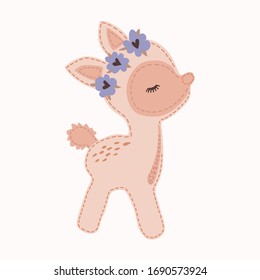 Pink cute cartoon deer animal illustration. Kawaii girly doe with flower crown.  Childish hand drawn doodle stitched. For baby nursery decor, boho kids fashion, trendy doodle woodland graphic design