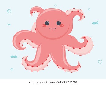 pink cute cartoon octopus character with tentacles in kawaii style hand drawn vector illustration