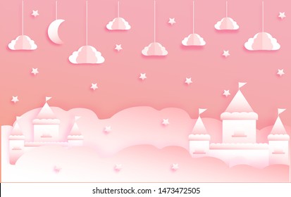 pink cute castle among clouds and stars. paper cut vector illustration