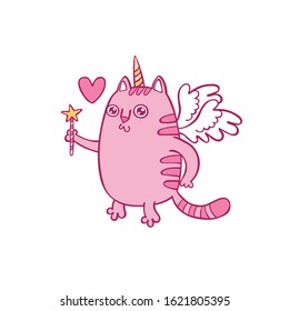 Pink cute cat with wings. Magic wand. Heart. Cartoon character. Isolated vector object on white background.