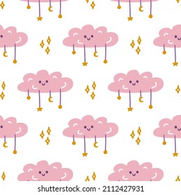 Pink cute cloud with stars, vector seamless pattern in flat cartoon style