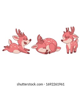 Pink cute deer animal vector set illustration. Pink kawaii girly doe with flower crown. Childish hand drawn doodle style. For baby nursery decor, boho kids fashion, trendy woodland graphic design