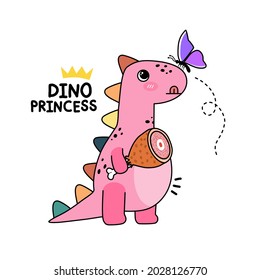 Pink cute dinosaur with butterfly perching on her nose. Used for nursery, t-shirt, kids apparel. Vector illustration.