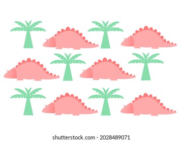 pink cute dinosaur pictures It has a long neck and spines on its back. on a white background At the green coconut tree.