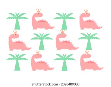 pink cute dinosaur pictures It has a long neck and spines on its back. on a white background At the green coconut tree.