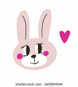 Pink cute easter bunny head with heart isolated on white background vector. Suitable for printing on baby fabrics, eco-bags, logo, for Happy Easter cards.