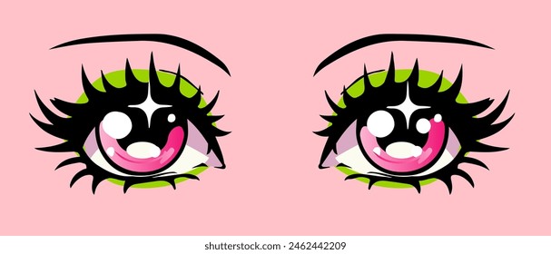 Ojos lindos rosados en estilo manga de dibujos animados. Ilustración vectorial de moda dibujada a mano.