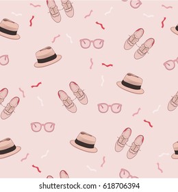 Pink and cute fashion pattern with hats, sunglasses and shoes.