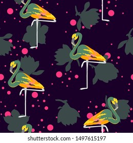 Pink Cute Flamingo and Flower Summer Seamless Pattern. Tropical Bird Vector Print. Floral Paradise Design with Flamingo. Exotic Spring Beach Illustration with Pink Bird.