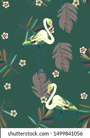 Pink Cute Flamingo and Flower Summer Seamless Pattern. Tropical Bird Vector Print. Floral Paradise Design with Flamingo. Exotic Spring Beach Illustration with Pink Bird.