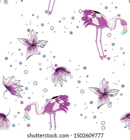 Pink Cute Flamingo and Flower Summer Seamless Pattern. Tropical Bird Vector Print. Floral Paradise Design with Flamingo. Exotic Spring Beach Illustration with Pink Bird.