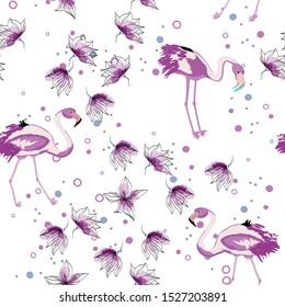 Pink Cute Flamingo and Flower Summer Seamless Pattern. Tropical Bird Vector Print. Floral Paradise Design with Flamingo. Exotic Spring Beach Illustration with Pink Bird.