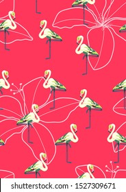 Pink Cute Flamingo and Flower Summer Seamless Pattern. Tropical Bird Vector Print. Floral Paradise Design with Flamingo. Exotic Spring Beach Illustration with Pink Bird.