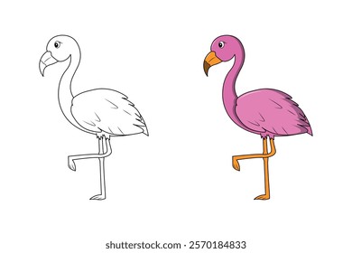 A Pink Cute Flamingo isolated black and white outline with colour guide for coloring book