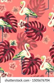 Pink Cute Flamingo and Palm Leaves Summer Seamless Pattern. Tropical Bird Vector Print. Floral Paradise Design with Flamingo. Exotic Spring Beach Illustration with Pink Bird.