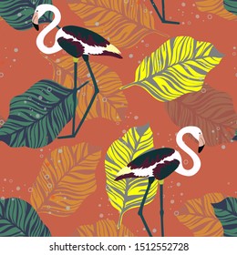 Pink Cute Flamingo and Palm Leaves Summer Seamless Pattern. Tropical Bird Vector Print. Floral Paradise Design with Flamingo. Exotic Spring Beach Illustration with Pink Bird.
