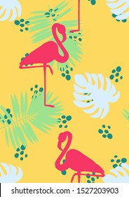 Pink Cute Flamingo and Palm Leaves Summer Seamless Pattern. Tropical Bird Vector Print. Floral Paradise Design with Flamingo. Exotic Spring Beach Illustration with Pink Bird.