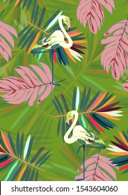 Pink Cute Flamingo and Palm Leaves Summer Seamless Pattern. Tropical Bird Vector Print. Floral Paradise Design with Flamingo. Exotic Spring Beach Illustration with Pink Bird.
