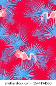 Pink Cute Flamingo and Palm Leaves Summer Seamless Pattern. Tropical Bird Vector Print. Floral Paradise Design with Flamingo. Exotic Spring Beach Illustration with Pink Bird.
