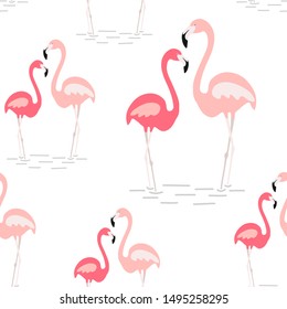 A pink cute flamingo seamless pattern. Exotic tropical bird - Vector