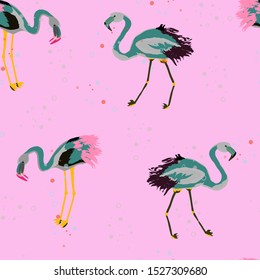 Pink Cute Flamingo Summer Seamless Pattern. Tropical Bird Vector Print. Floral Paradise Design with Flamingo. Exotic Spring Beach Illustration with Pink Bird.