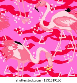 Pink Cute Flamingo Summer Seamless Pattern. Tropical Bird Vector Print. Floral Paradise Design with Flamingo. Exotic Spring Beach Illustration with Pink Bird.