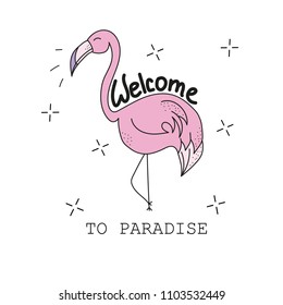 Pink cute flamingo - Textile graphic t shirt print. Vector illustration on white background